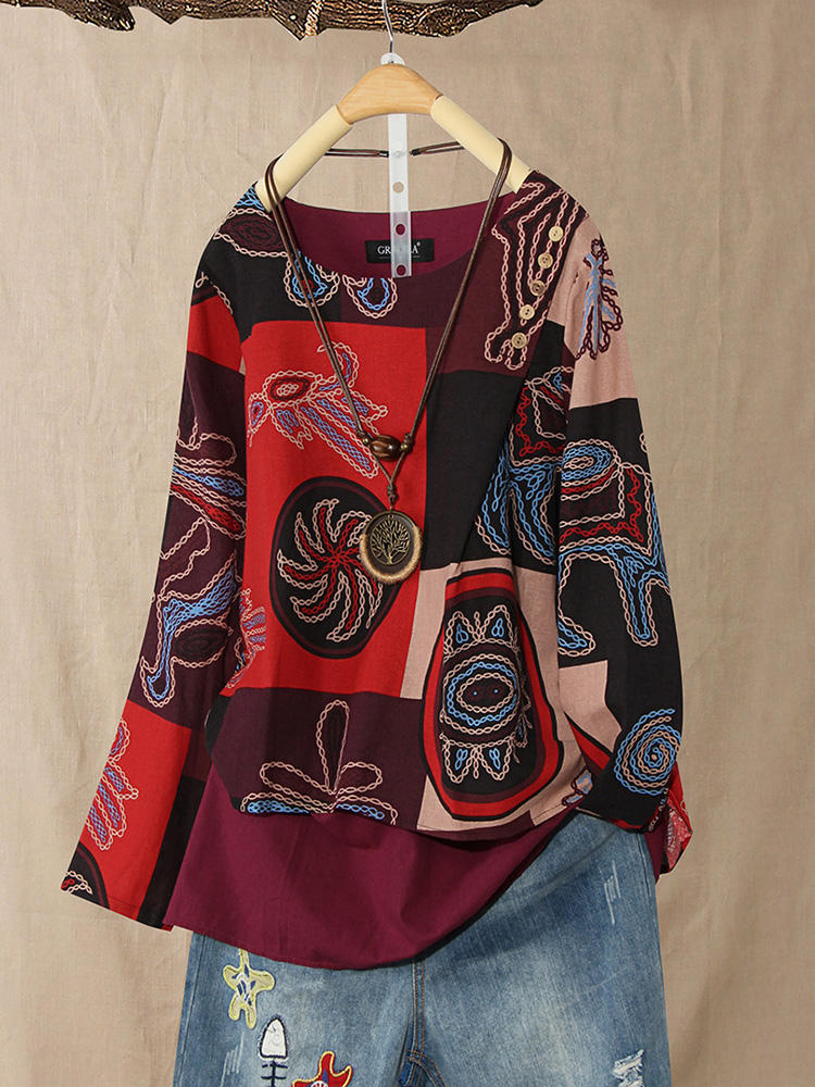M-5XL Ethnic Printed Double Layered Women Blouse