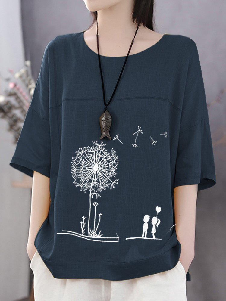 Casual Print Flower Short Sleeve Cotton T-Shirts