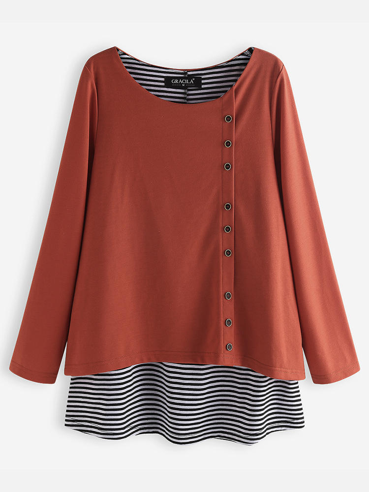 Stripe O-neck Button Long Sleeve Casual Blouse