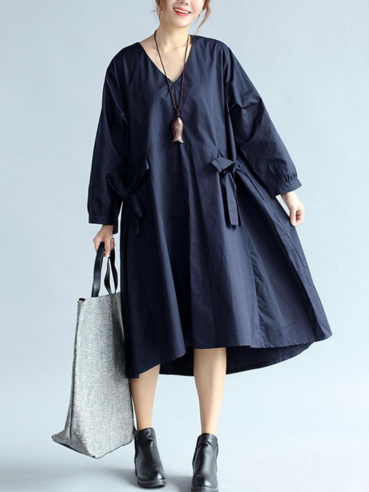 Casual V-neck Bowknot Loose Long Sleeve Women Dress