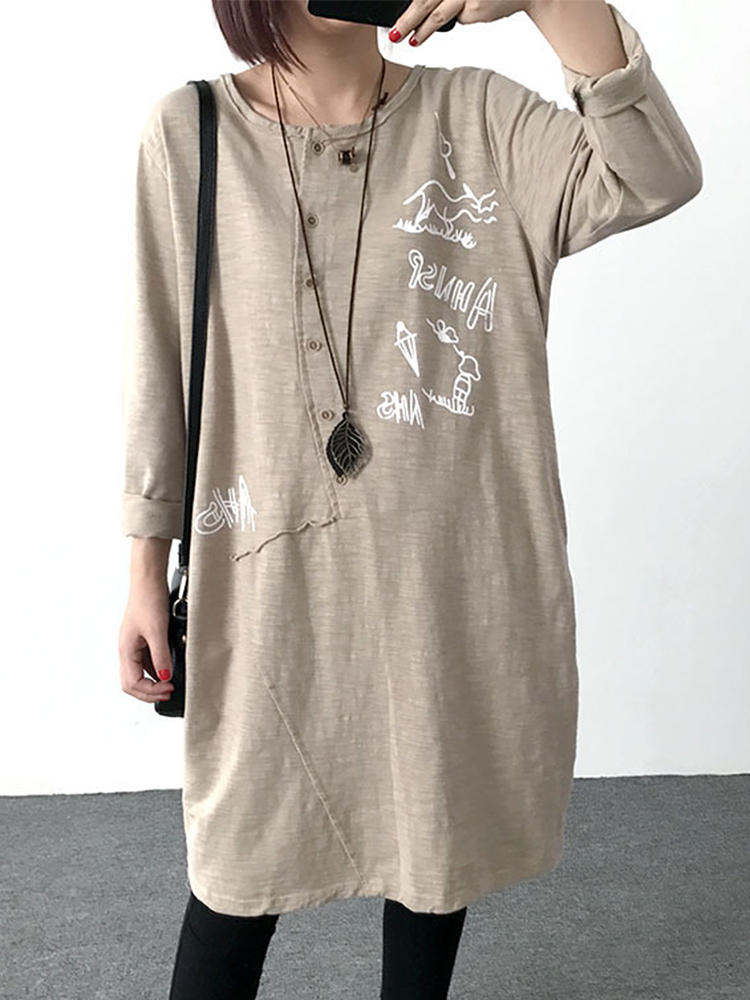 Letter Print O-neck Loose Long Sleeve Long Blouse for Women