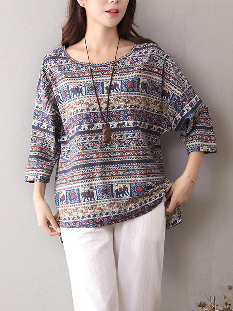 Ethnic Women Printed O-neck Three Quarter Sleeve Loose Asymmetri