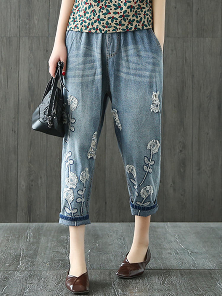 Women Vintage Embroidery Elastic Waist Pocket Denim Jeans