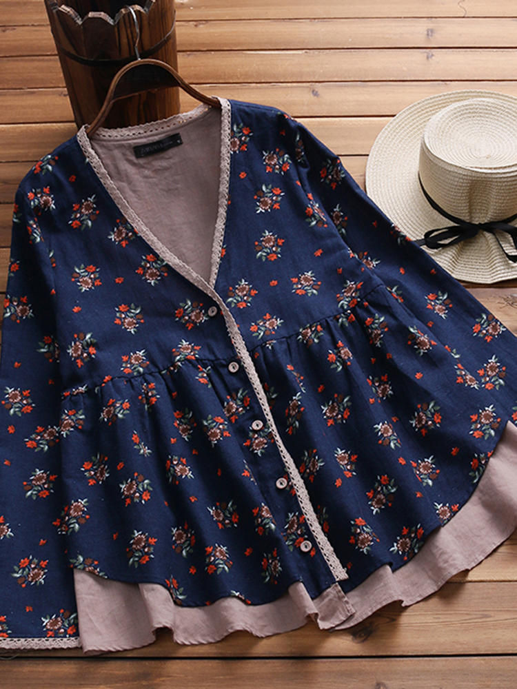 Retro Women Buttons Down Floral Patchwork Asymmetrical Shirts