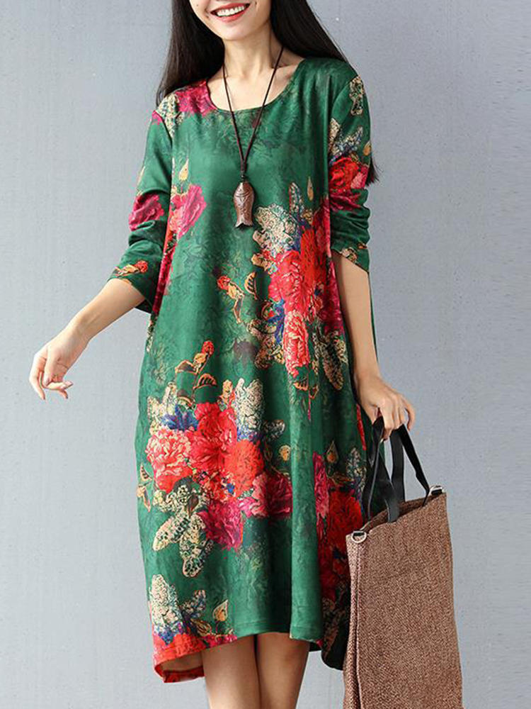 Loose Floral Printed O-neck Long Sleeve Women Dresses