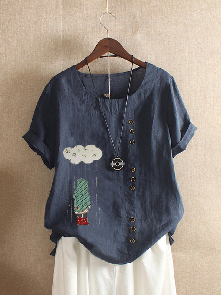 Cartoon Print Button Short Sleeve Casual T-shirts