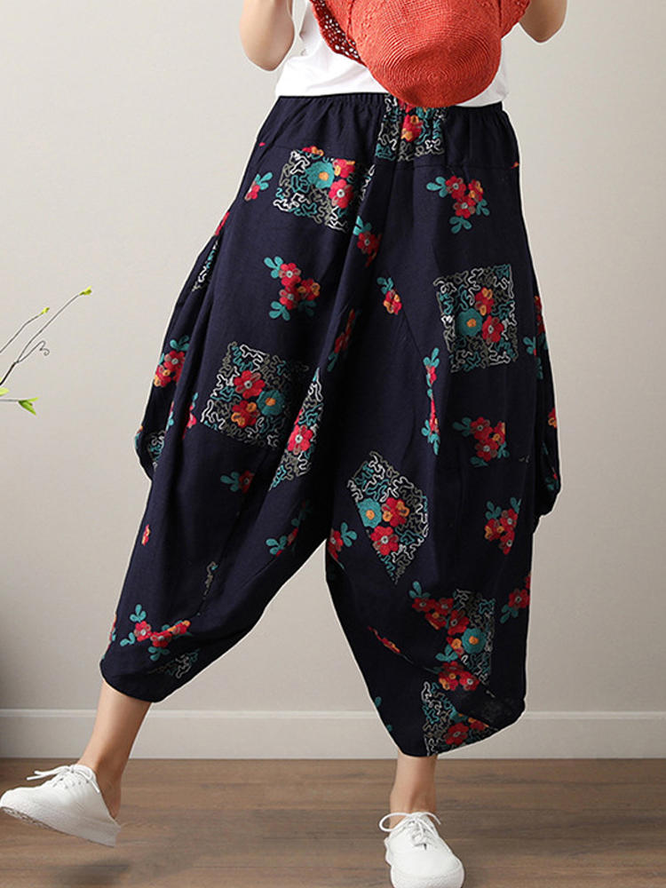 Ethnic Floral Print Loose Elastic Waist Harem Pants