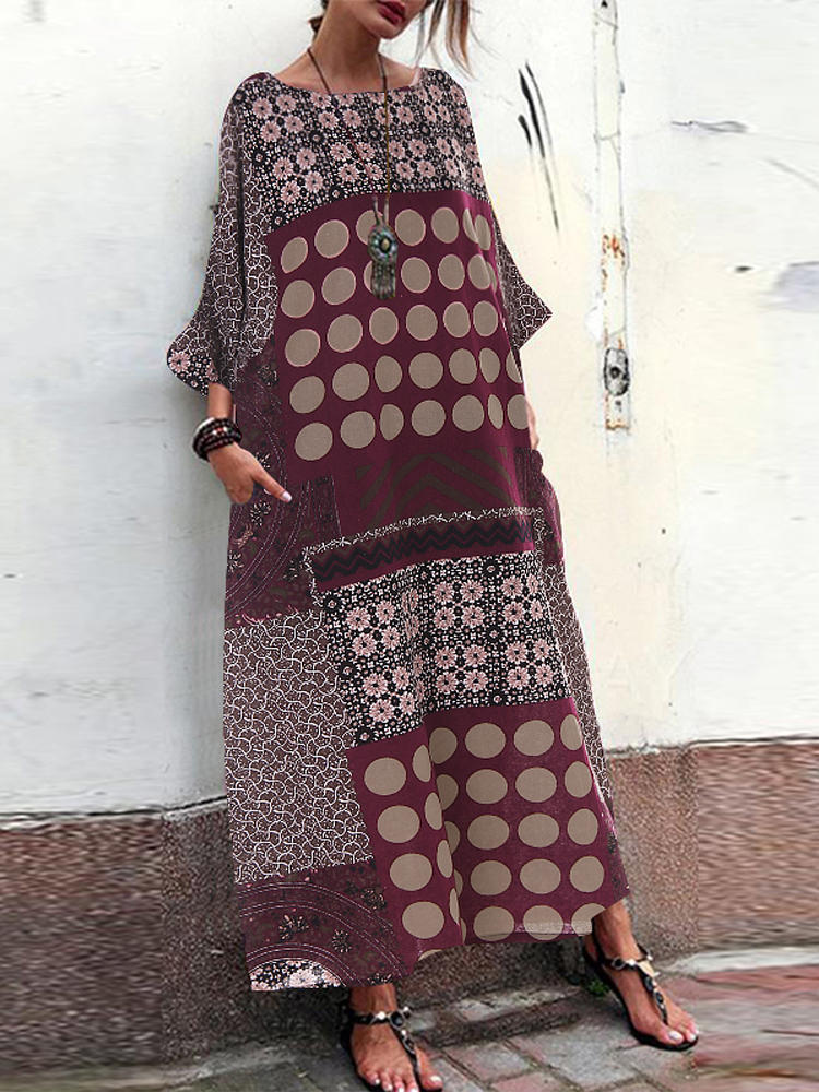Casual Striped Crew Neck Pocket Loose Baggy Long Maxi Dress