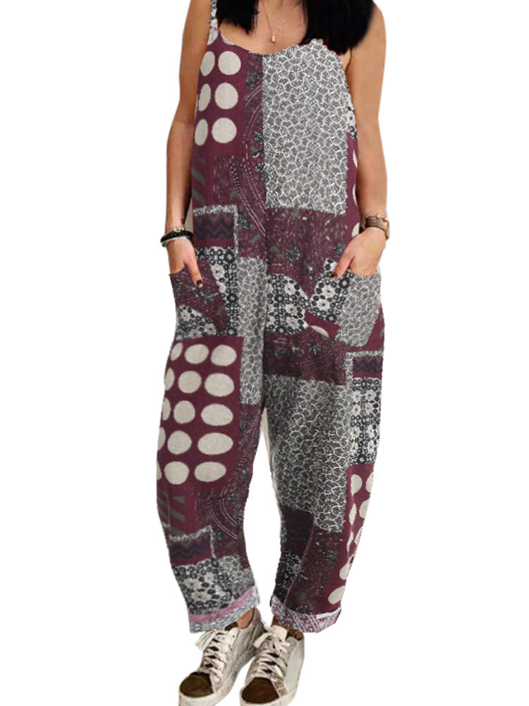 Vintage Women Folk Style Back Cross Jumpsuit with Pockets
