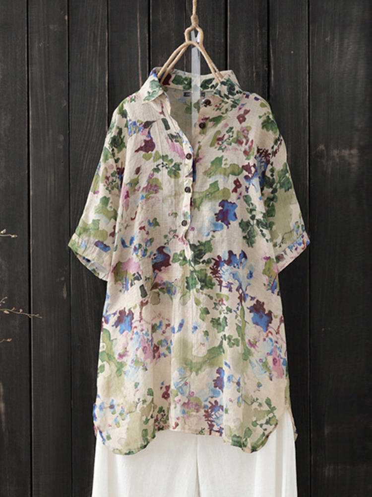 Women Button-Down Floral Print Turn-Down Collar Short Sleeve Blo