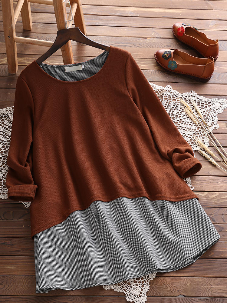 Casual Women O-Neck Houndstooth Patchwork Fake Two Piece Blouse