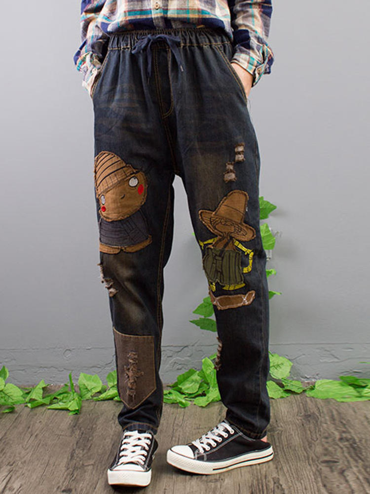 Vintage Women Elastic Waist Embroidery Patchwork Denim Jeans