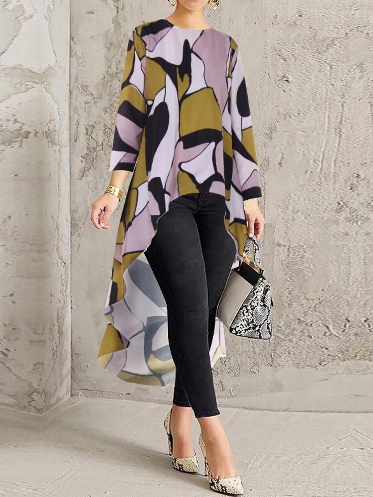 Women 3/4 Sleeve Crew Neck Floral Print High Low Hem Blouse