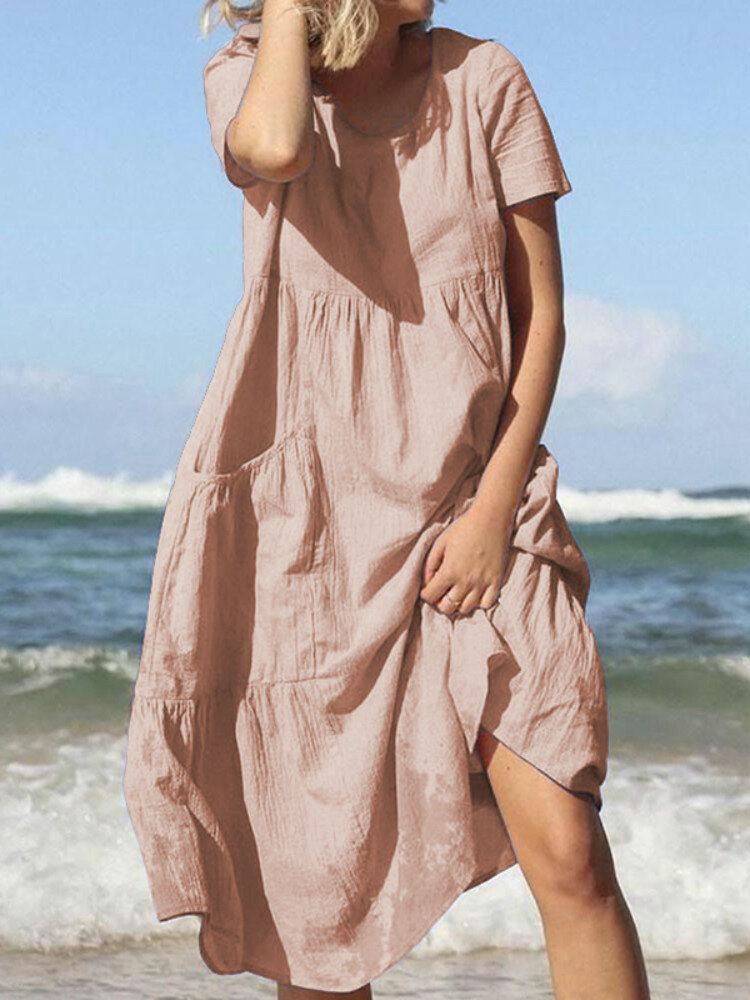Women Summer Beach Cotton Loose Casual Dress with Pockets