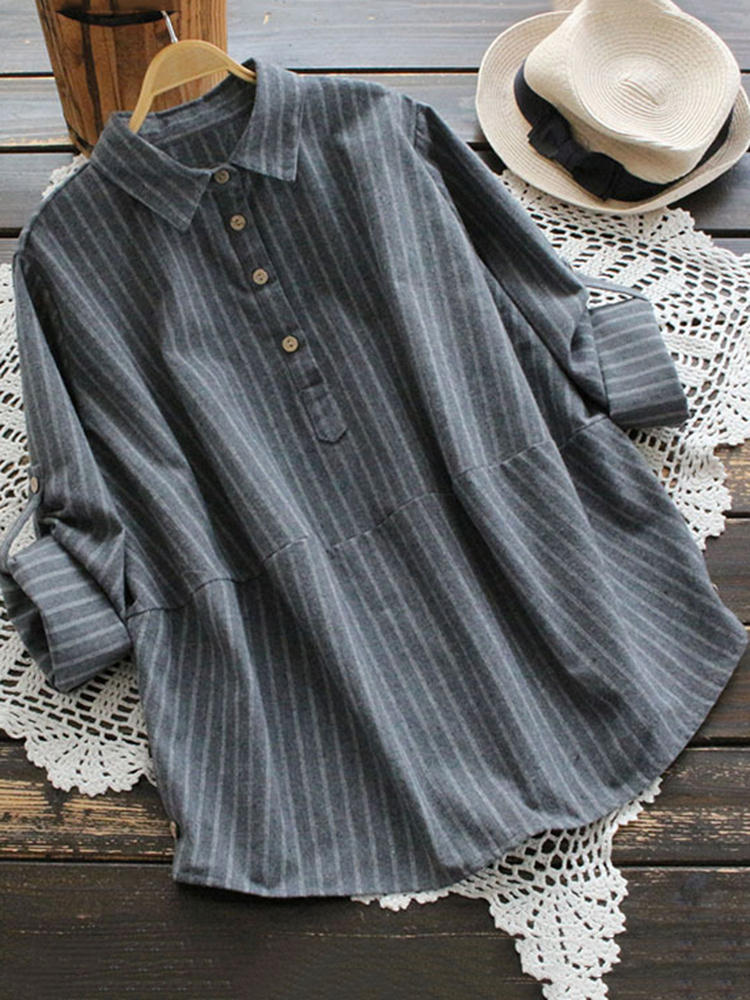 Casual Women Stripe Turn-down Collar Long Sleeve Blouse