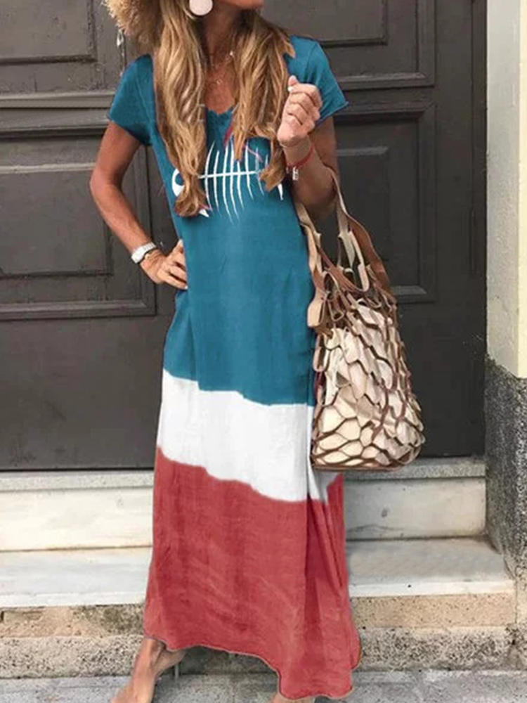 Casual Fishbone Print Color Block Short Sleeve Dress