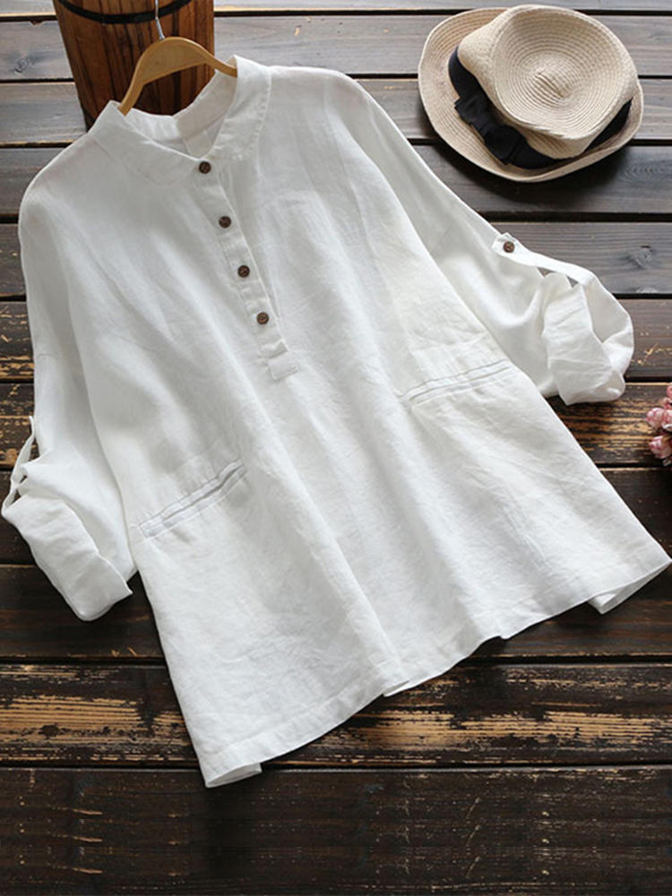 Casual Women Solid Color Lapel Adjustable Long Sleeve Button Blo