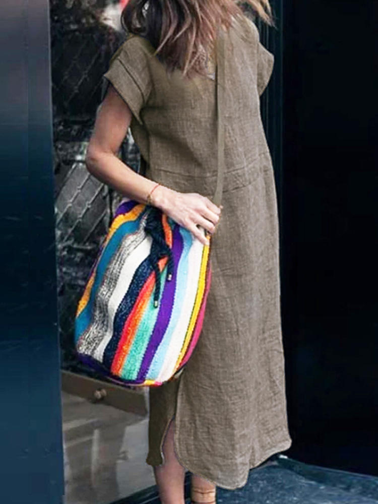 Women Short Sleeve Split Hem Loose Midi Dress