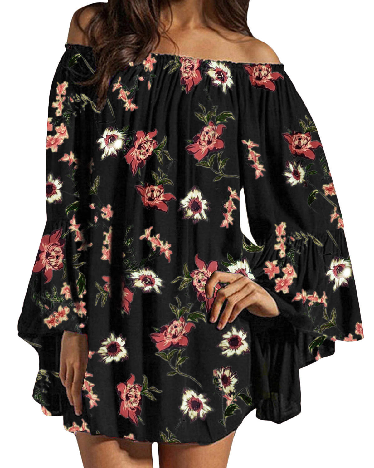 Off Shoulder Floral Print Chiffon Ruffle Sleeve Blouse Mini Dres