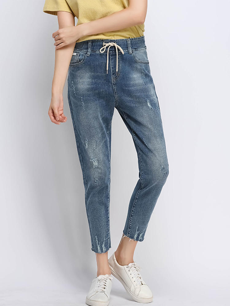 Casual Drawstring Hole Jeans for Women