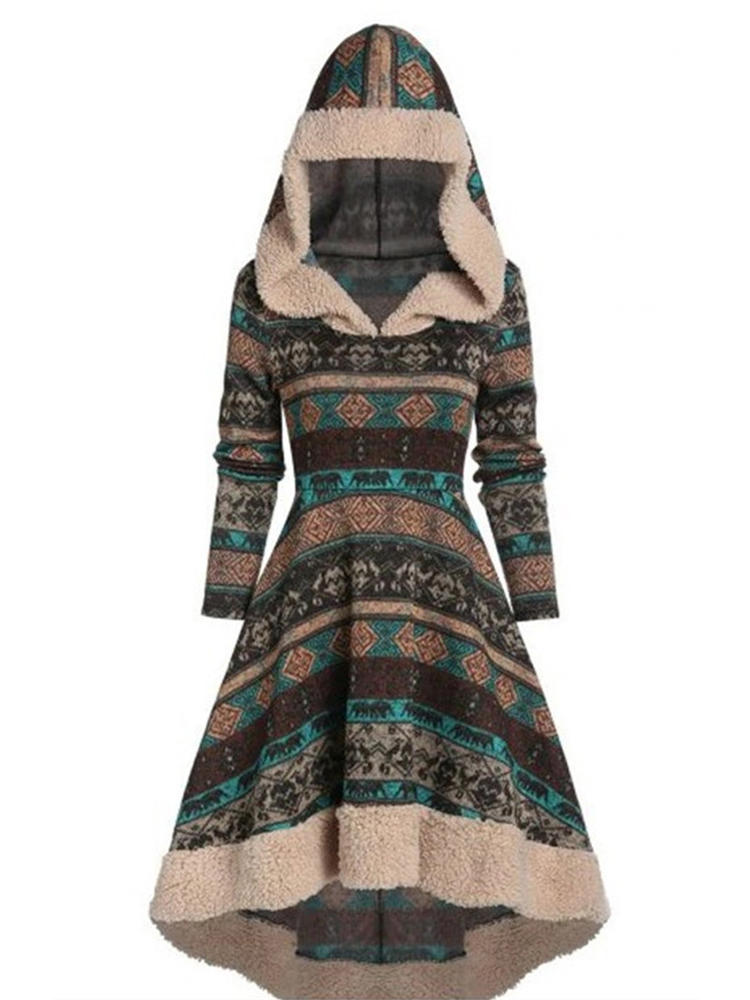 Long Sleeve Fleece Hooded High Low Print Sweater Dress