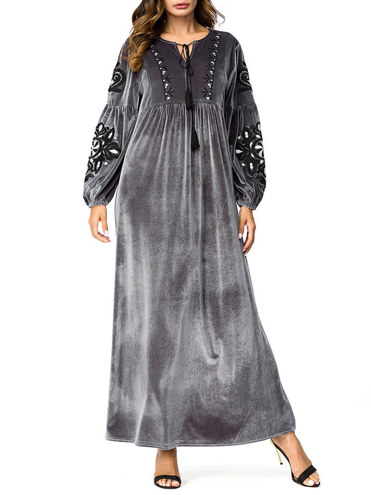 Women Embroidery Patchwork Maxi Velvet Dress