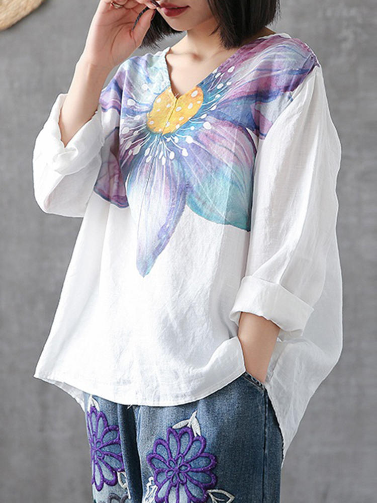 Women Casual Floral Print V-Neck Long Sleeve Blouse
