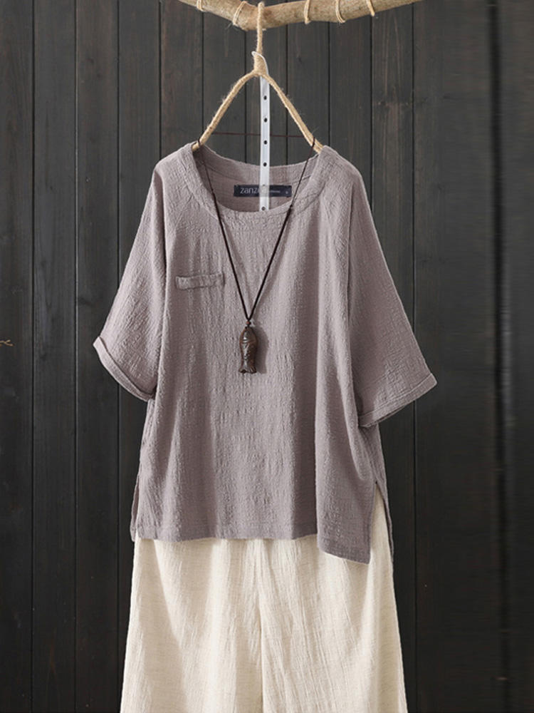 Women Pure Color O-Neck Split Hem Half Sleeve T-Shirts