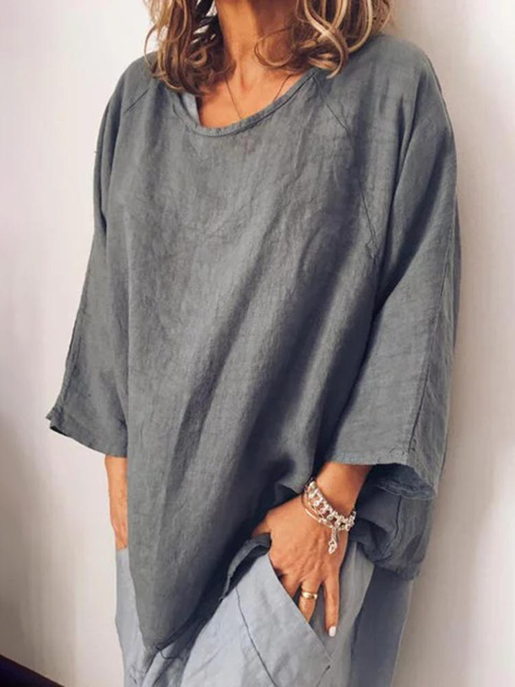 Women Retro Solid Color Cotton Round Neck Loose Blouse