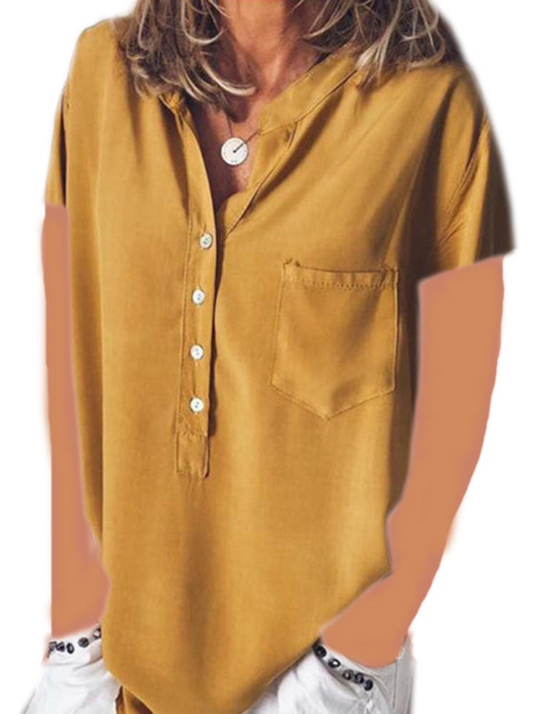 Women Solid Color Button Down V-Neck Short Sleeve Blouse