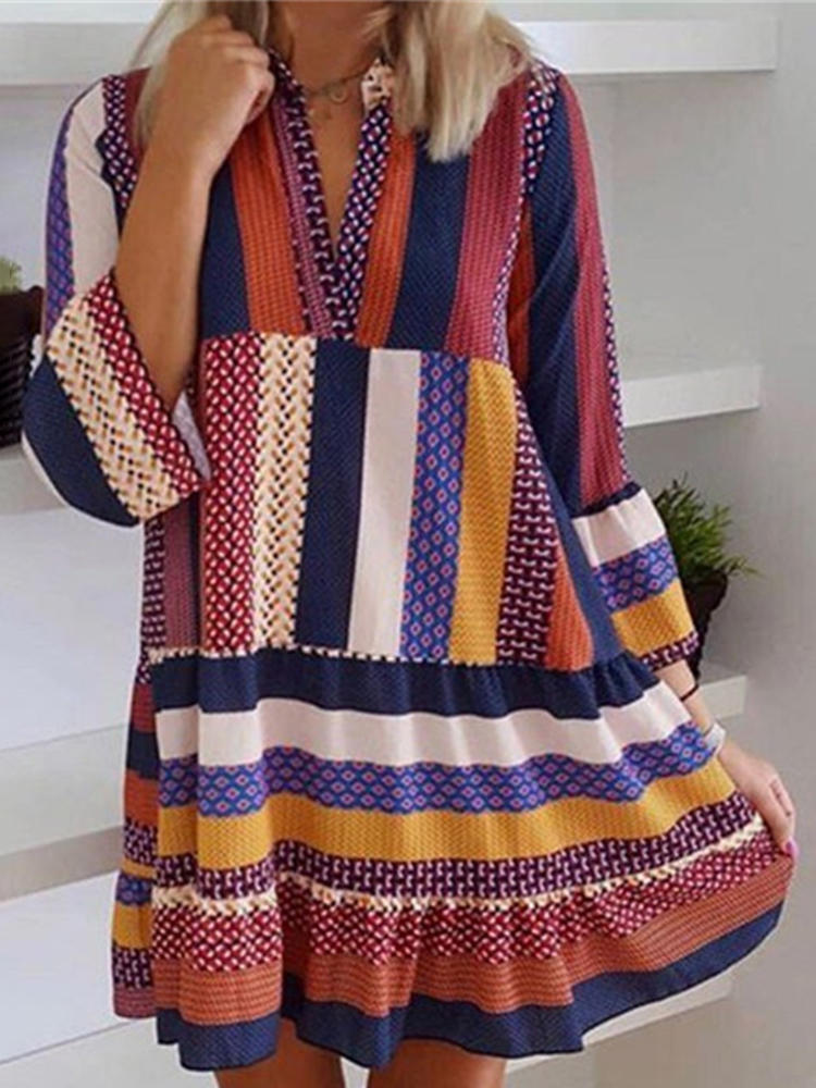 Women Casual Striped V-Neck Mini Dress