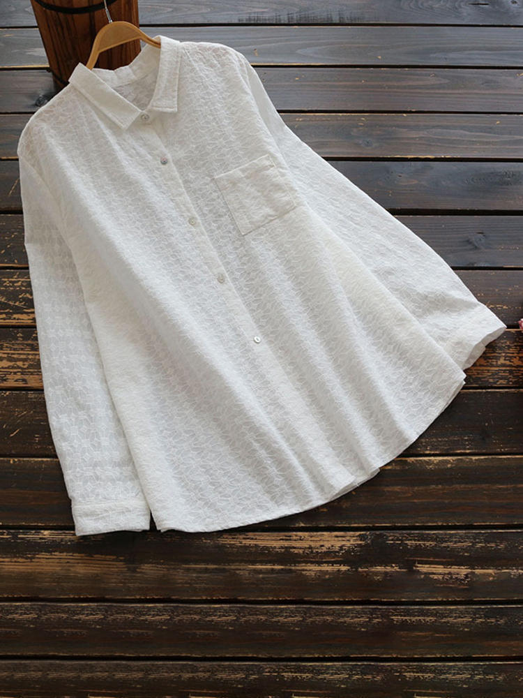Embroidery Button Lapel Loose Cotton Women Vintage Blouse