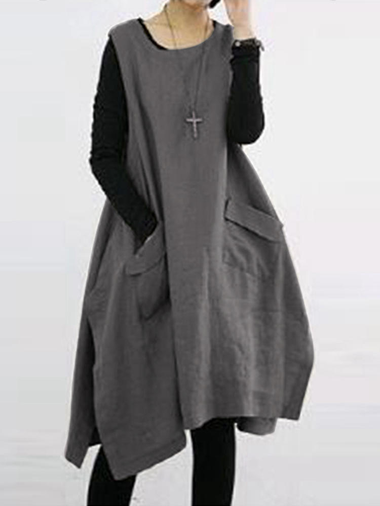 Women Sleeveless V Neck Straps Loose Solid Split Dress