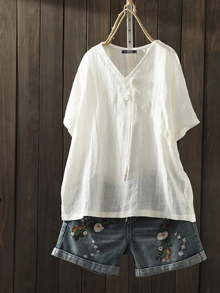 Women Casual Pure Color V-Neck Short Sleeve T-Shirts