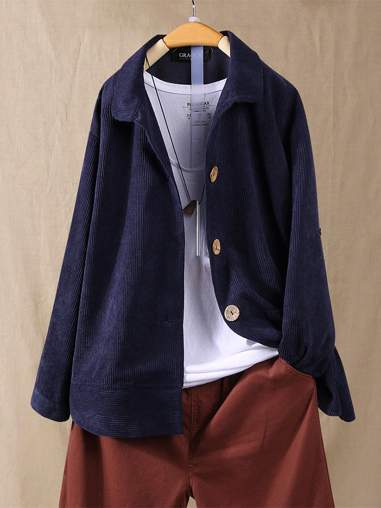 Corduroy Wooden Button Asymmetric Hem Blouse