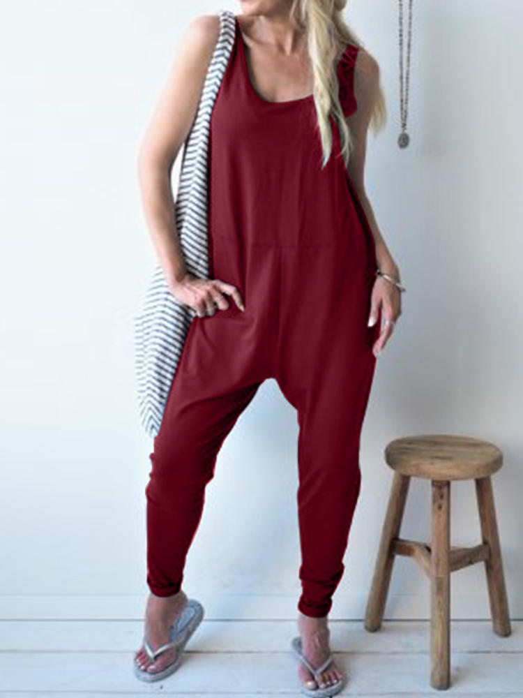 S-5XL Women Sleeveless Backless Loose Solid Jumpsuit Playsuit