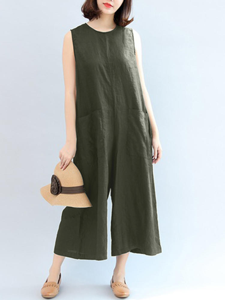 Women Sleeveless Casual Loose Overalls Wide Leg Jumpsuit