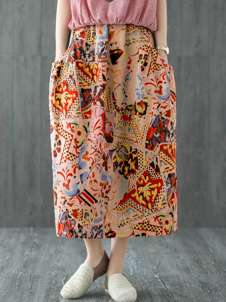 Print Literary Elastic Waist Retro Medium Long Skirts