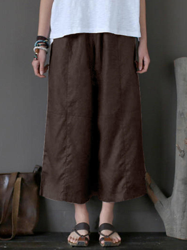Women Retro High Elastic Waist Long Wide Leg Pants