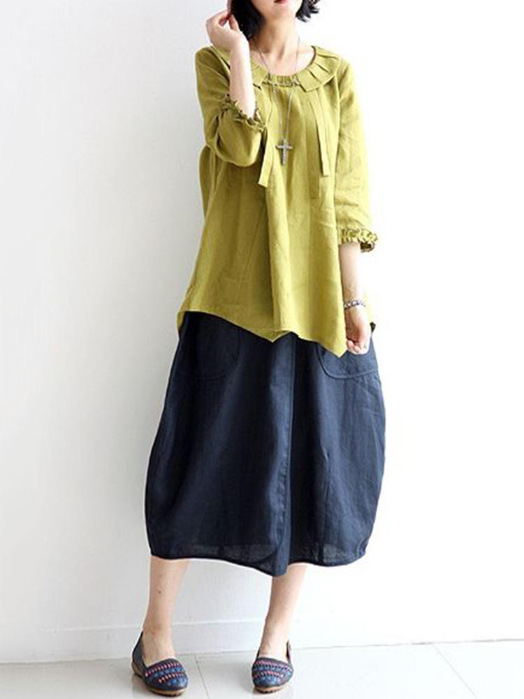 Irregular 3/4 Sleeve Crew Neck Vintage Blouse