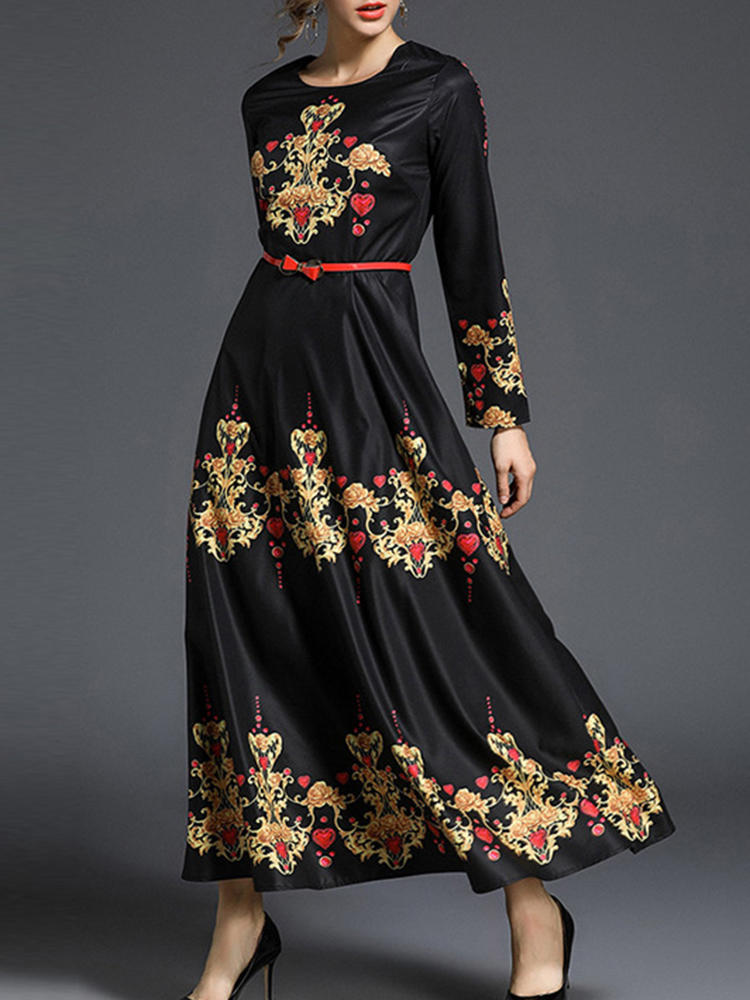 Elegant Women Floral Printed Long Sleeve O-Neck Maxi Swing Dress
