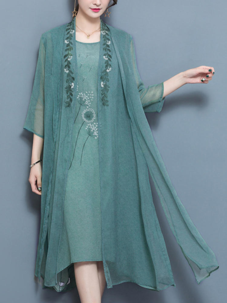 Vintage Women Floral Embroidery 3/4 Sleeve Elegant Dress Two Pie