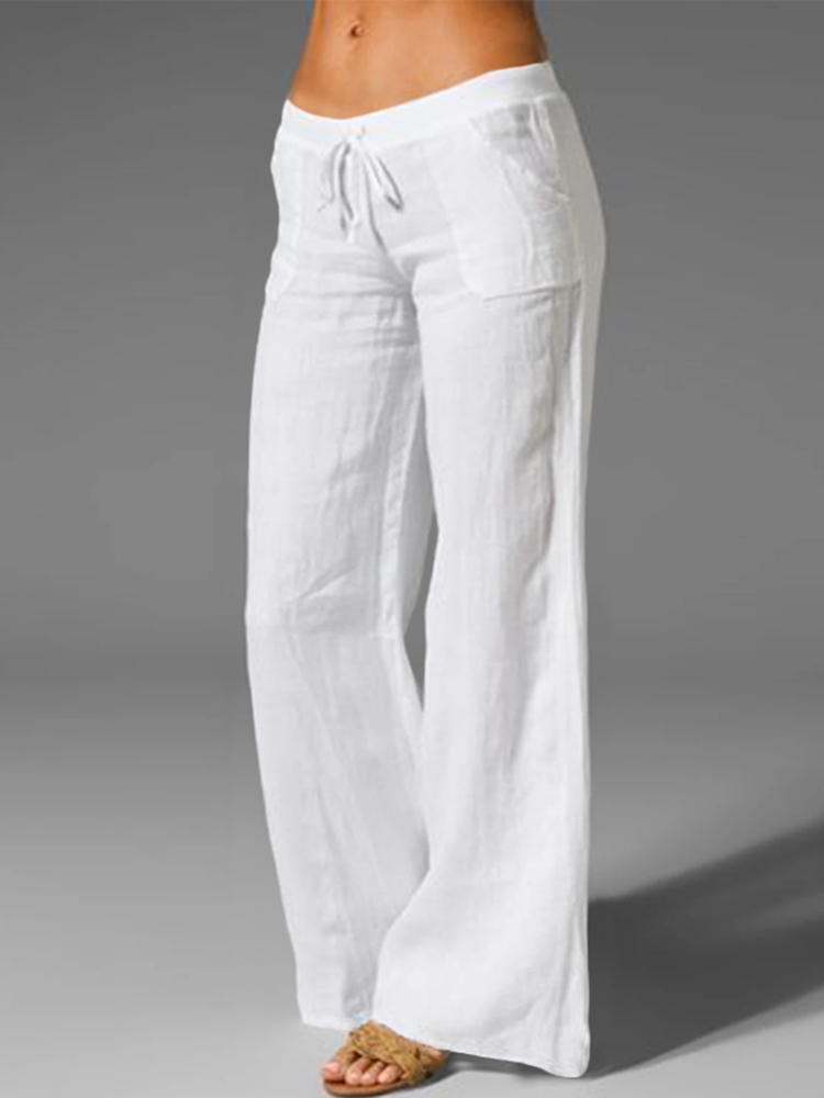 Wide Leg Women Loose Cotton Pure Color Elastic Waist Trousers Pa