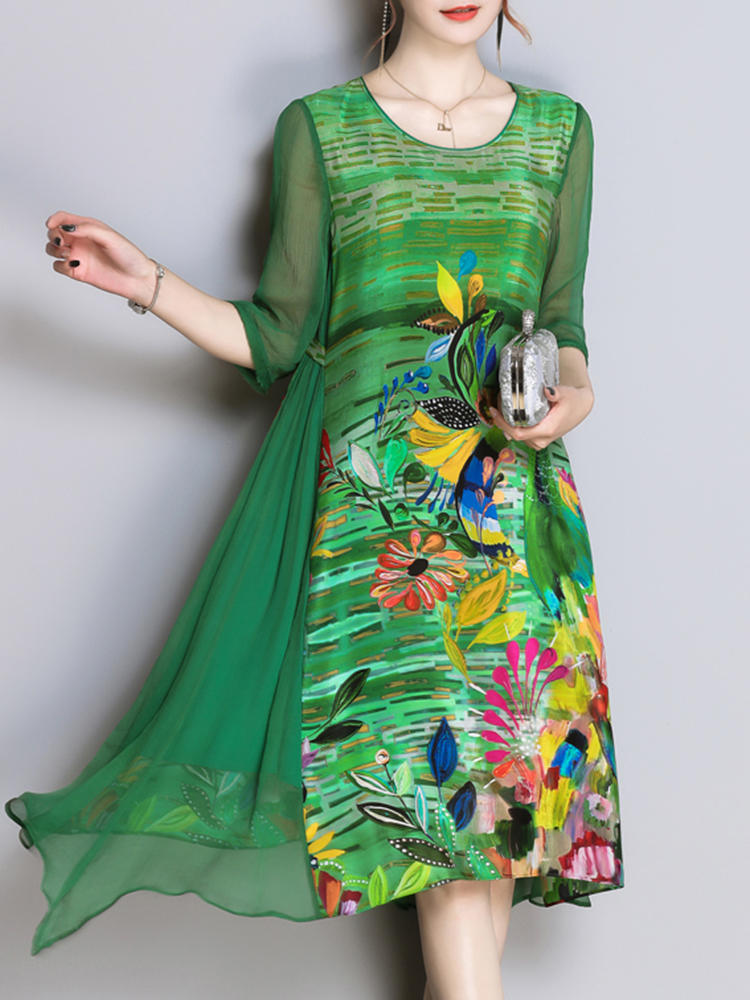 Elegant Floral Print Three Quarter Sleeve Loose Hem Irregular Si