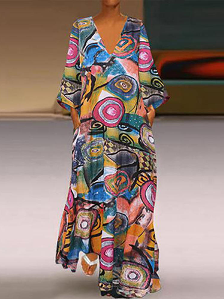 Women Retro V-neck Floral Print Long Maxi Dress