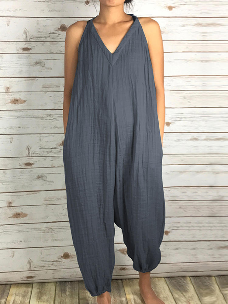 Women Sleeveless Strap V Neck Casual Loose Overalls Jumpsuit