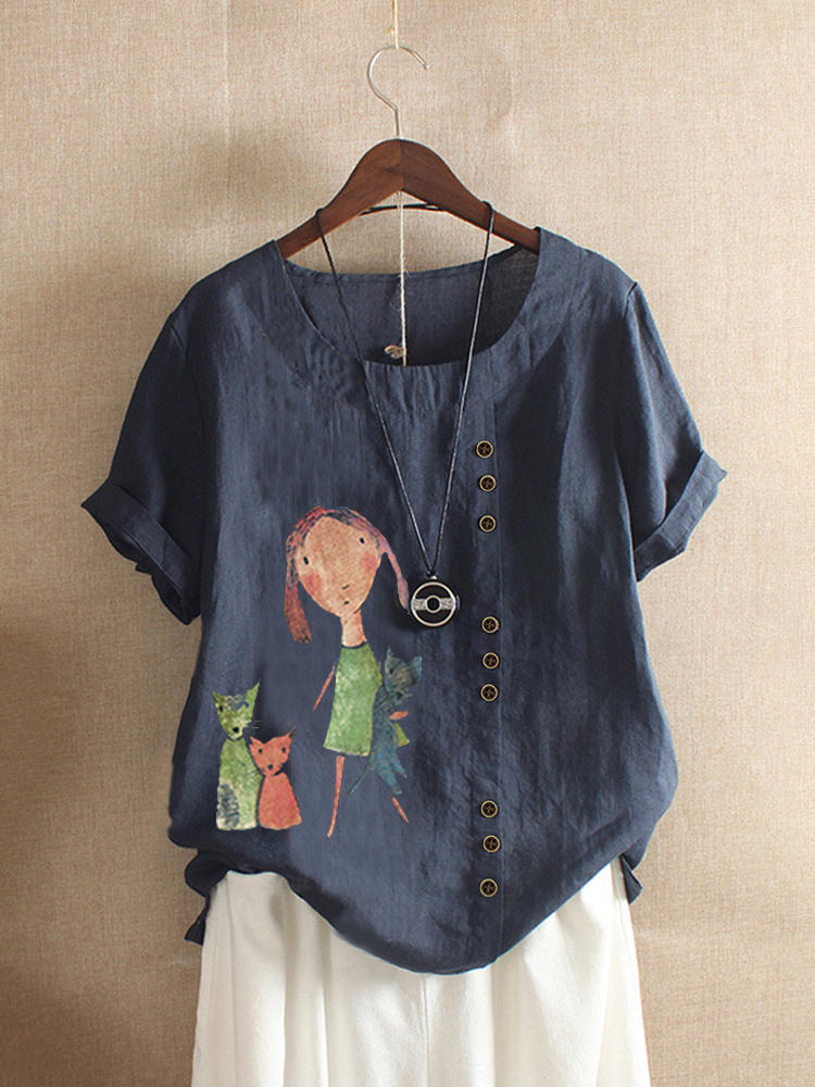 Cartoon Girl Print Casual Short Sleeve T-shirts