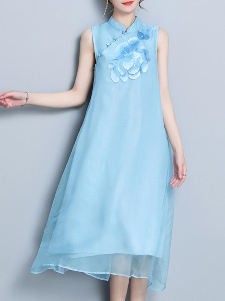 Vintage Sleeveless Embroidery Stand Collar Mid-long Dress