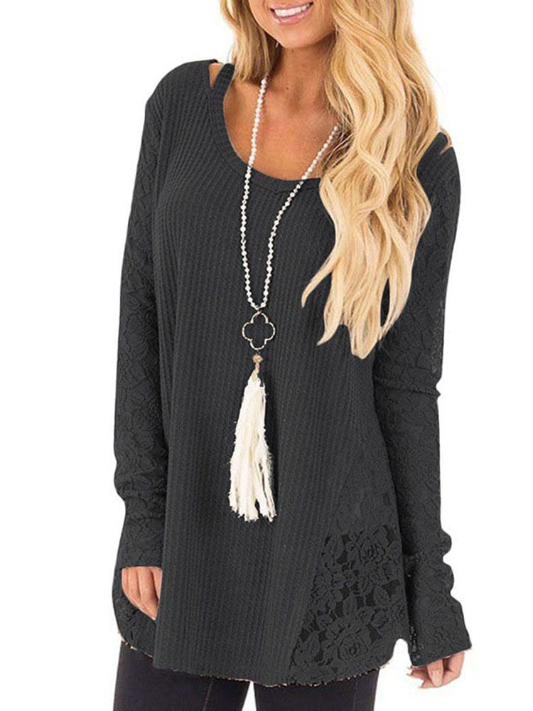 Women Casual Lace Patchwork Pullover Knitted Long Sleeve O-Neck