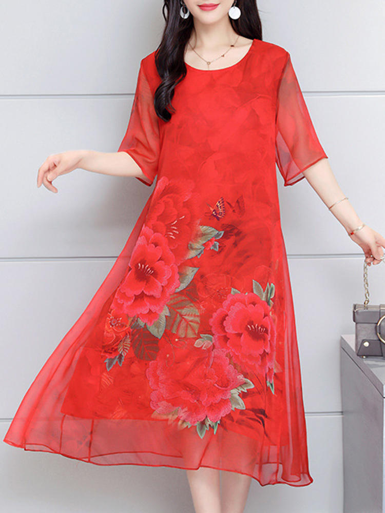 Vintage Short Sleeve Floral Silk Mid-long Dress
